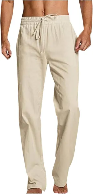 Mens Cotton Linen Pants Summer Elastic Drawstring Waist Straight Legs Beach Pant Plus Size Loose Fit Casual Trousers