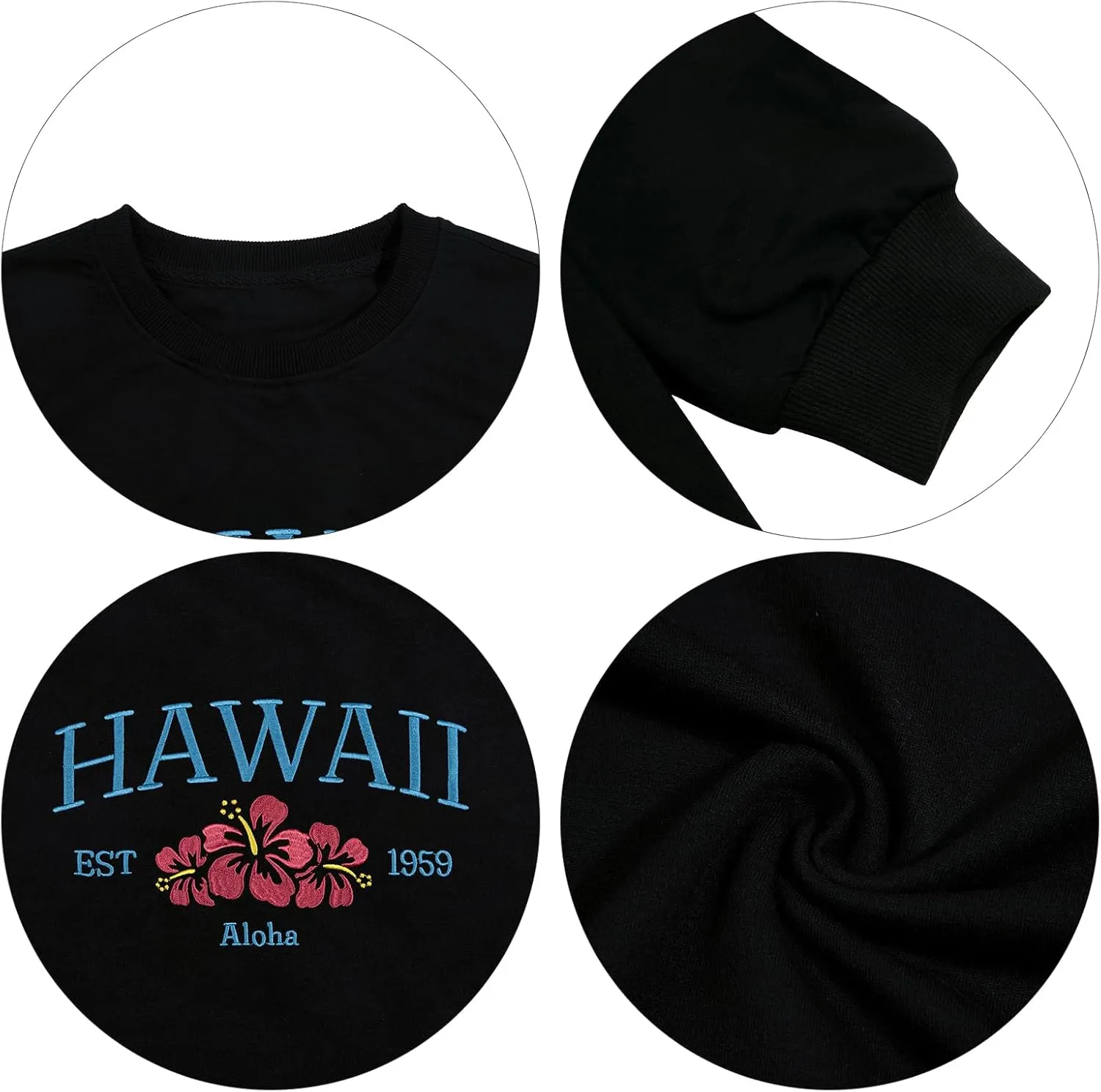 MOUSYA Hawaii Embroidered Sweatshirt Hawaii Aloha State Shirt Vintage 1959 Embroidered Long Sleeve Pullover Top