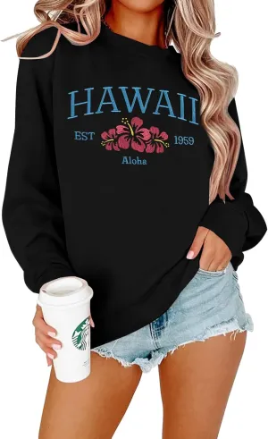 MOUSYA Hawaii Embroidered Sweatshirt Hawaii Aloha State Shirt Vintage 1959 Embroidered Long Sleeve Pullover Top