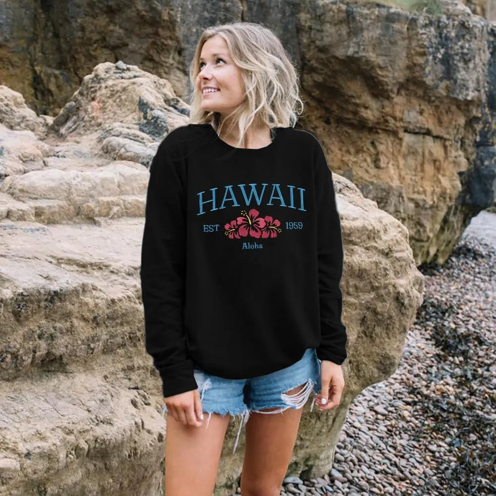 MOUSYA Hawaii Embroidered Sweatshirt Hawaii Aloha State Shirt Vintage 1959 Embroidered Long Sleeve Pullover Top