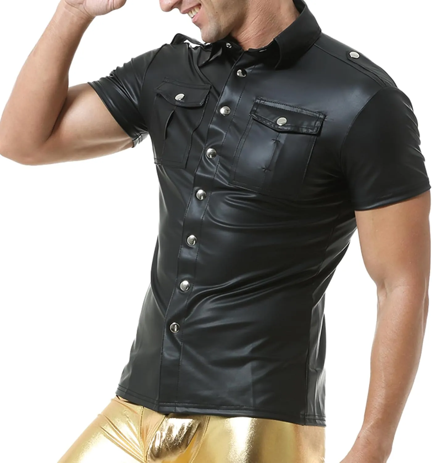 QiaTi Men's Faux Leather Polo Shirts Men Short Slevees Tops with Zipper Muscle Fit Collared Shirts for Casual Workout Shirts
