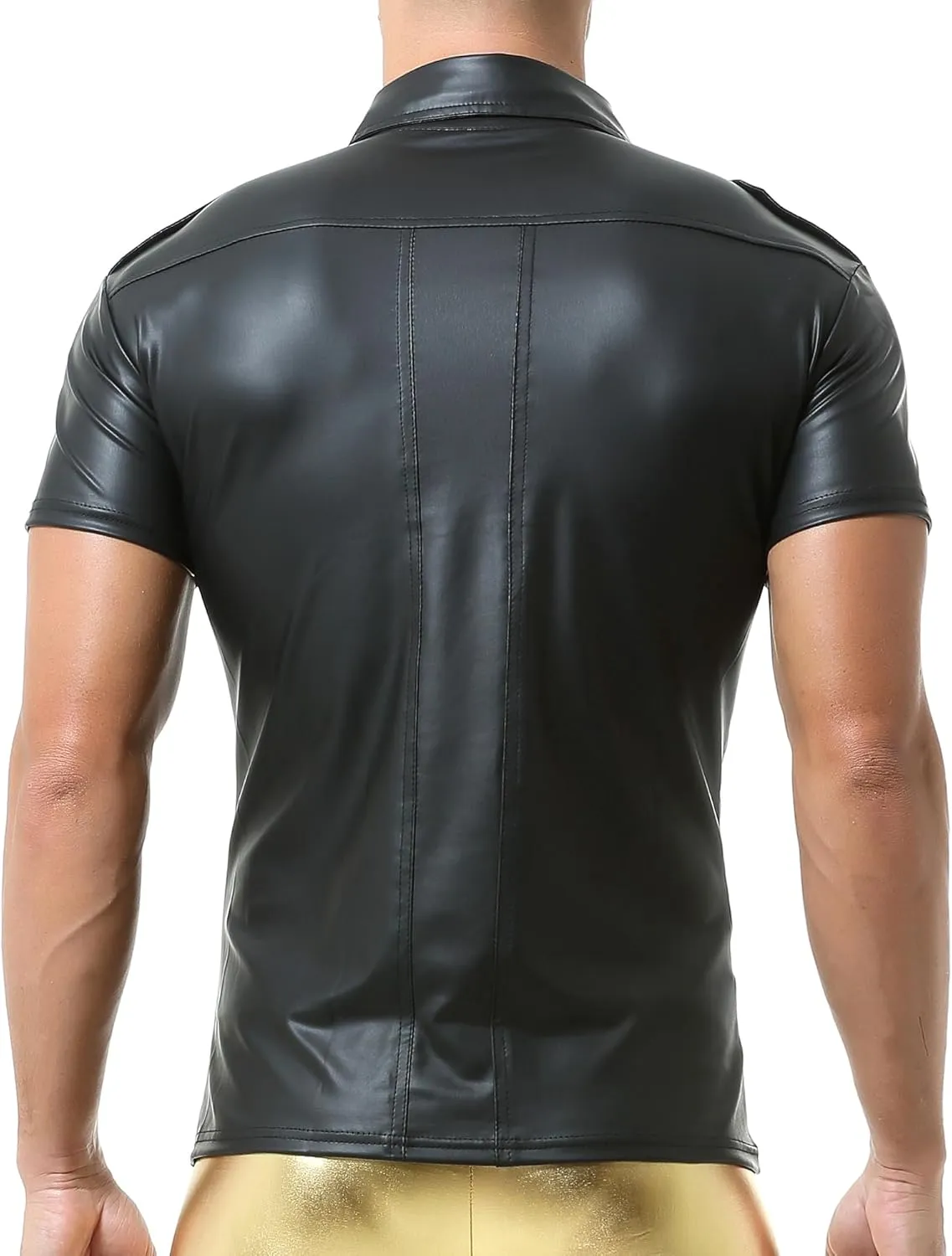 QiaTi Men's Faux Leather Polo Shirts Men Short Slevees Tops with Zipper Muscle Fit Collared Shirts for Casual Workout Shirts