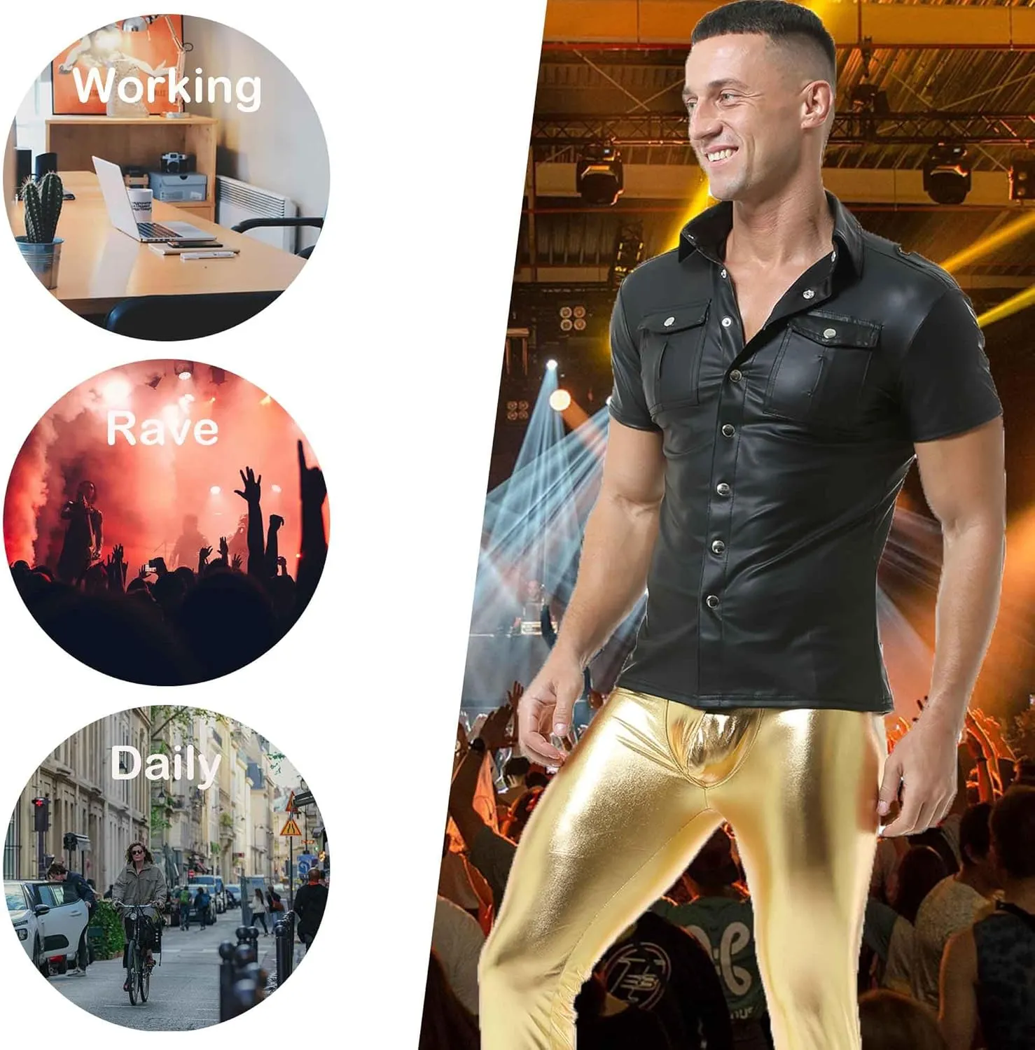 QiaTi Men's Faux Leather Polo Shirts Men Short Slevees Tops with Zipper Muscle Fit Collared Shirts for Casual Workout Shirts