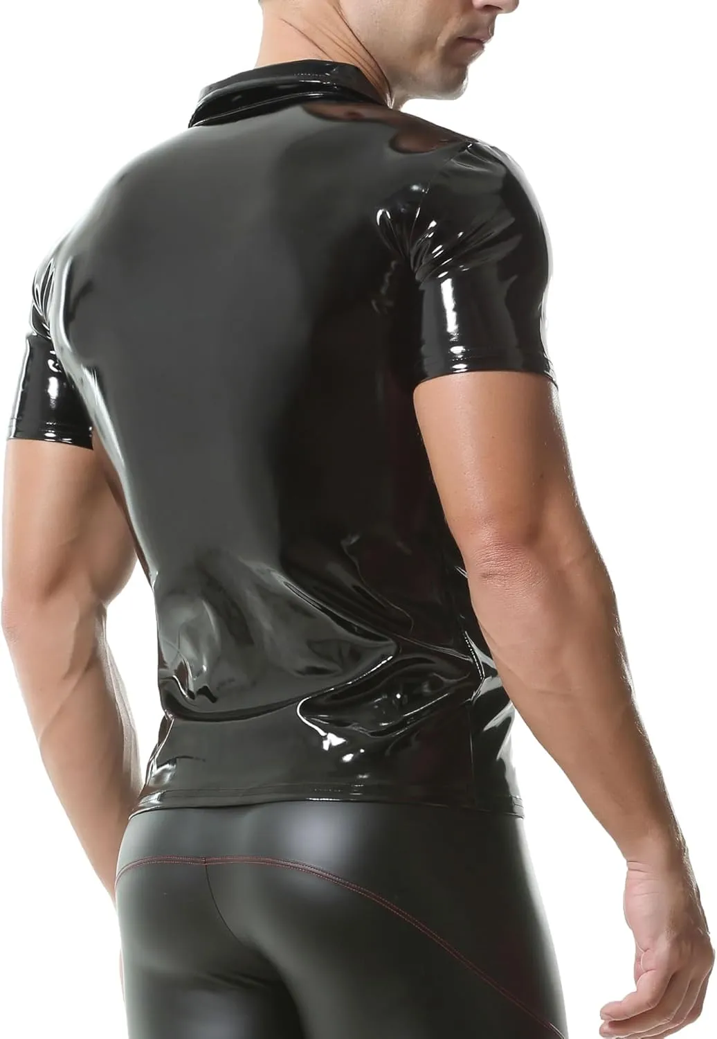 QiaTi Men's Faux Leather Polo Shirts Men Short Slevees Tops with Zipper Muscle Fit Collared Shirts for Casual Workout Shirts