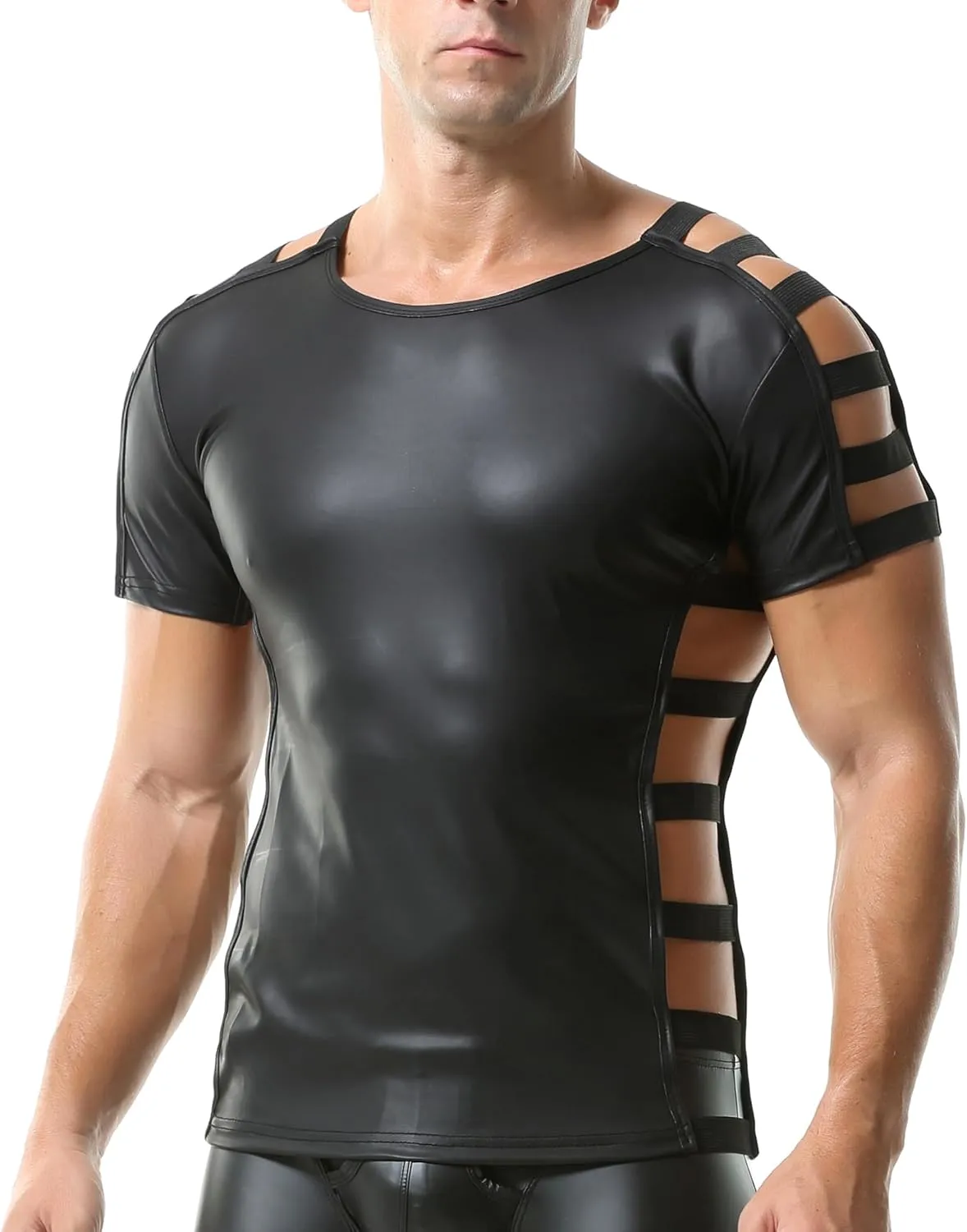 QiaTi Men's Faux Leather Polo Shirts Men Short Slevees Tops with Zipper Muscle Fit Collared Shirts for Casual Workout Shirts