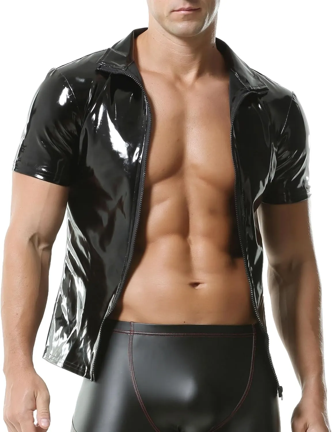 QiaTi Men's Faux Leather Polo Shirts Men Short Slevees Tops with Zipper Muscle Fit Collared Shirts for Casual Workout Shirts