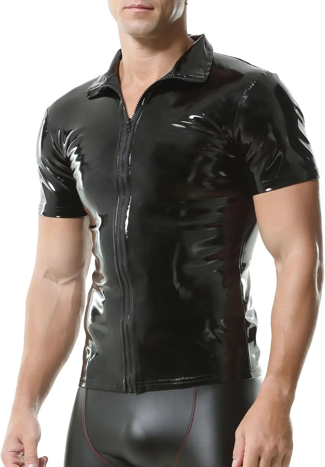 QiaTi Men's Faux Leather Polo Shirts Men Short Slevees Tops with Zipper Muscle Fit Collared Shirts for Casual Workout Shirts