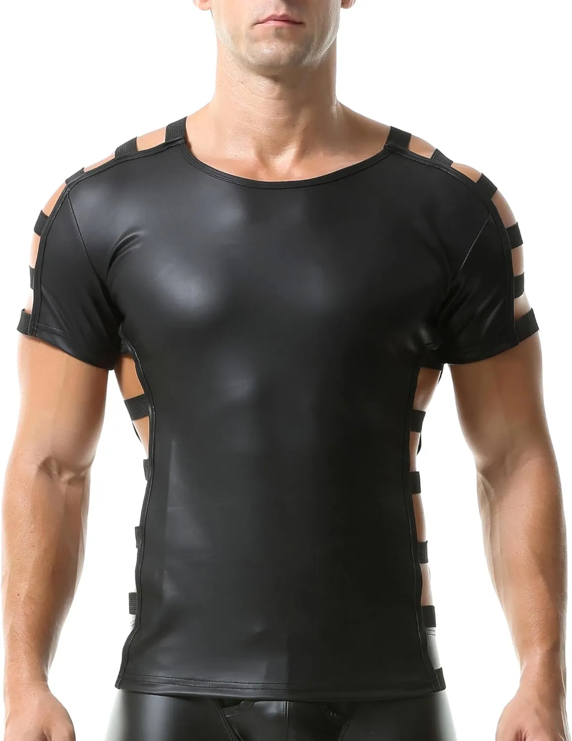 QiaTi Men's Faux Leather Polo Shirts Men Short Slevees Tops with Zipper Muscle Fit Collared Shirts for Casual Workout Shirts
