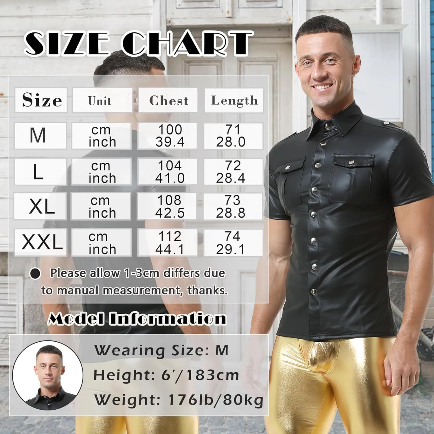 QiaTi Men's Faux Leather Polo Shirts Men Short Slevees Tops with Zipper Muscle Fit Collared Shirts for Casual Workout Shirts