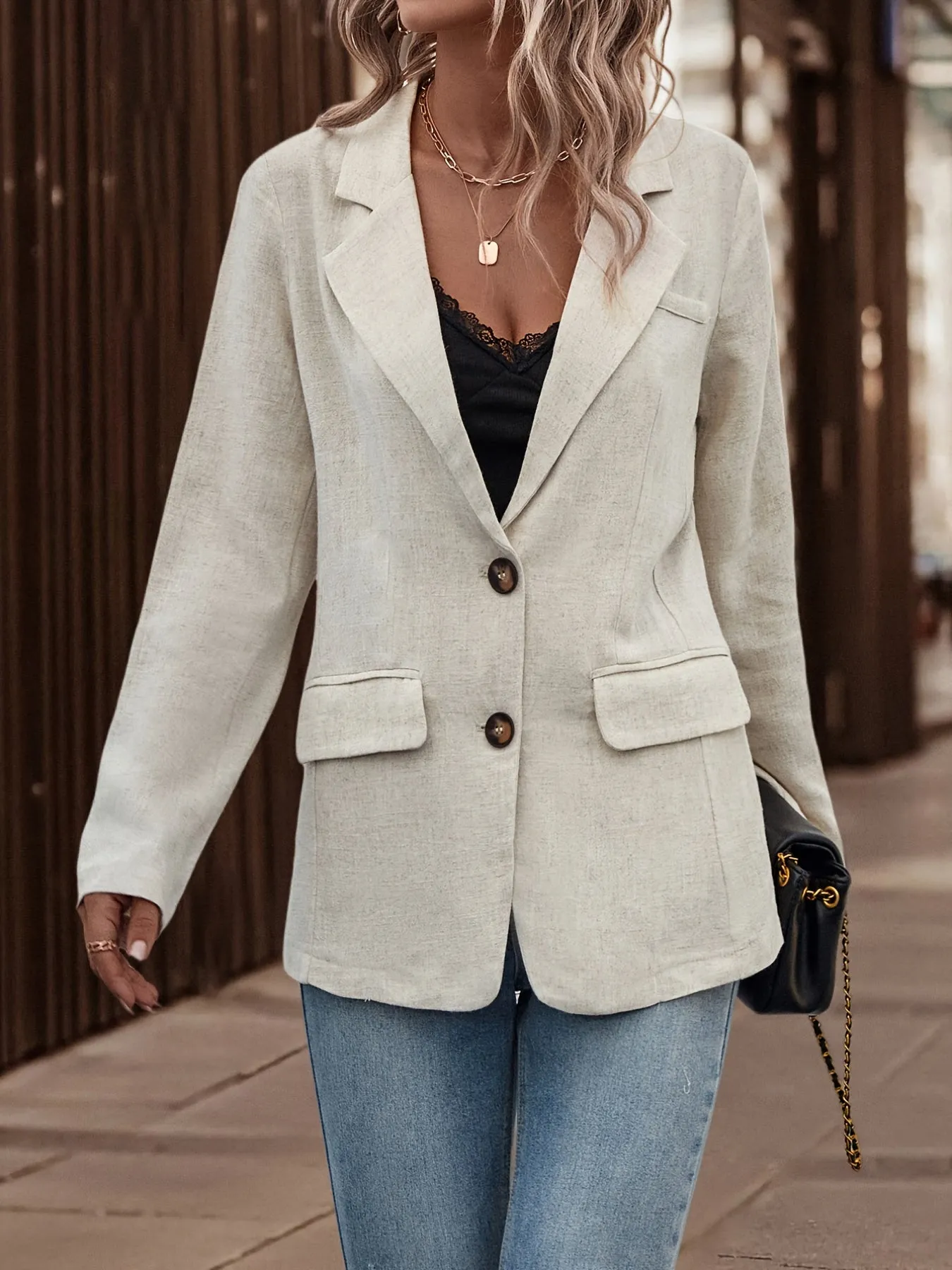 Solid Button Open Front Long Sleeve Blazer With Wide Lapels