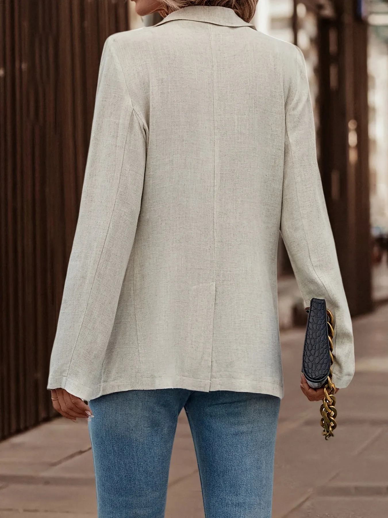 Solid Button Open Front Long Sleeve Blazer With Wide Lapels