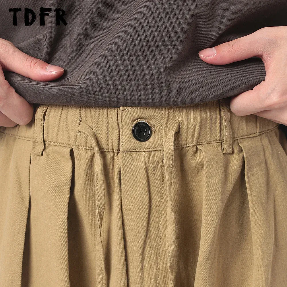 Solid Color Cargo Pants - Amekaji Safari Style - Elastic Waist - Wide Leg Trousers