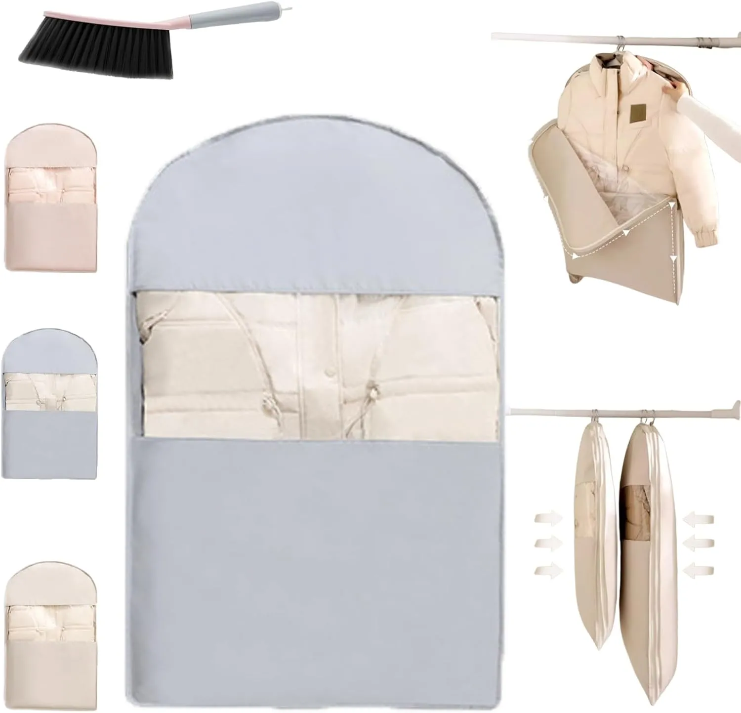 Space Saving Hanging Garment Bag with Self Compression Zipper, Clothes Cover for Hanging, Space Saving Hanging Protector for down Coat, Dust Covers for Clothes (Light Gray, Medium)