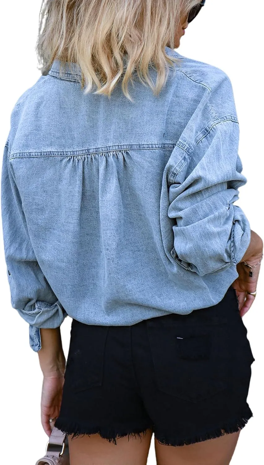 Unilexi Women's 3/4 Sleeve Colored Cropped Denim Jacket Light Wash Short Jean Jacket Trucker Coat