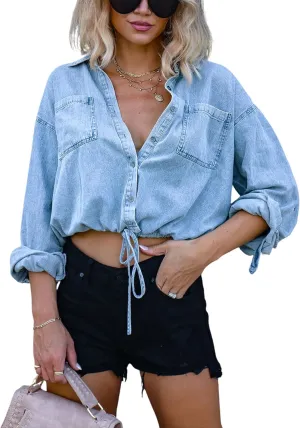 Unilexi Women's 3/4 Sleeve Colored Cropped Denim Jacket Light Wash Short Jean Jacket Trucker Coat