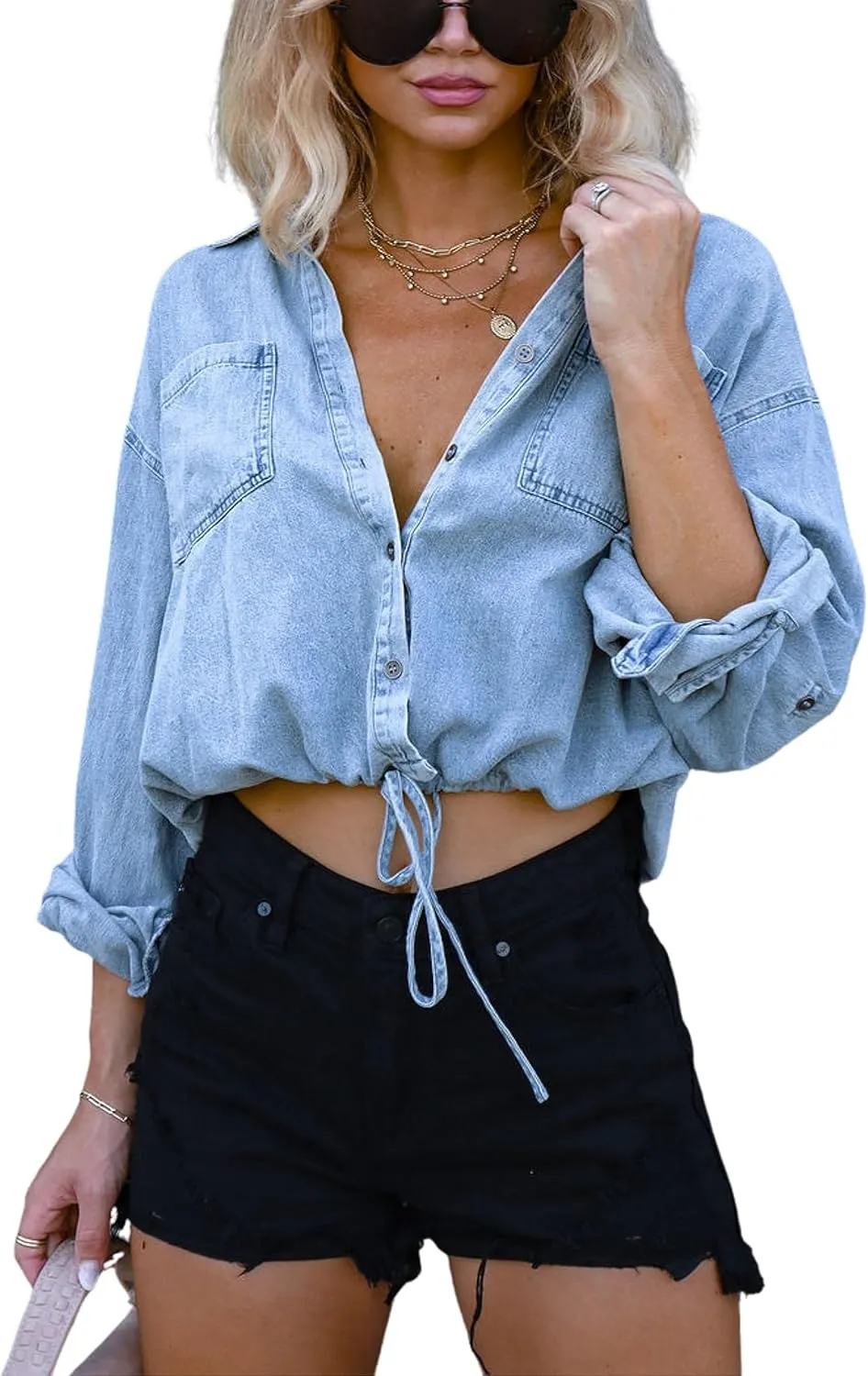 Unilexi Women's 3/4 Sleeve Colored Cropped Denim Jacket Light Wash Short Jean Jacket Trucker Coat