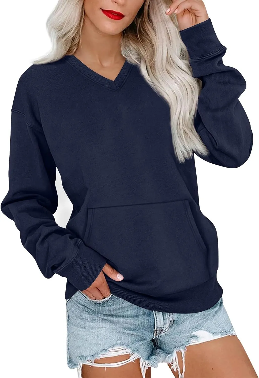 V Neck Sweatshirt Women Fleece Pocket Cute Sweatshirts No Hood Oversized Comfy Hoodie Y2k Soft Winter Clothes