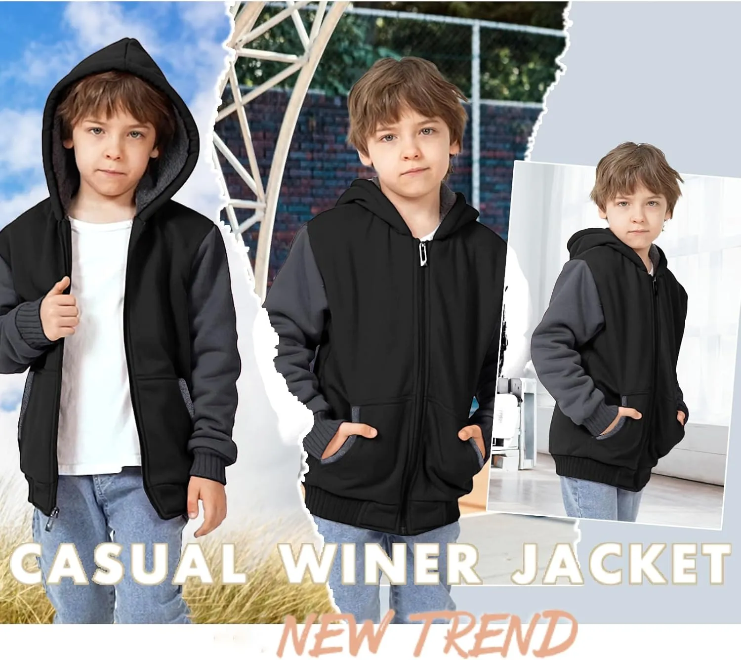 V VALANCH Boys Hoodie Full Zip Up Fleece Kids Sherpa Lined Sweatshirt Winter Soft Warm Jacket
