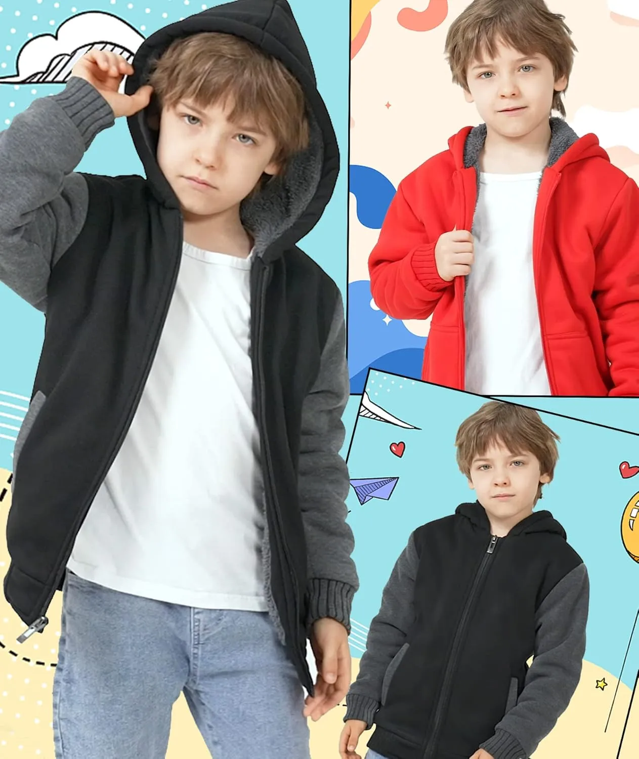 V VALANCH Boys Hoodie Full Zip Up Fleece Kids Sherpa Lined Sweatshirt Winter Soft Warm Jacket