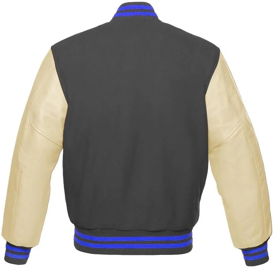 Varsity Jacket Baseball Letterman Bomber Wool & Light Cream Genuine leather Sleeves With Blue Stripe