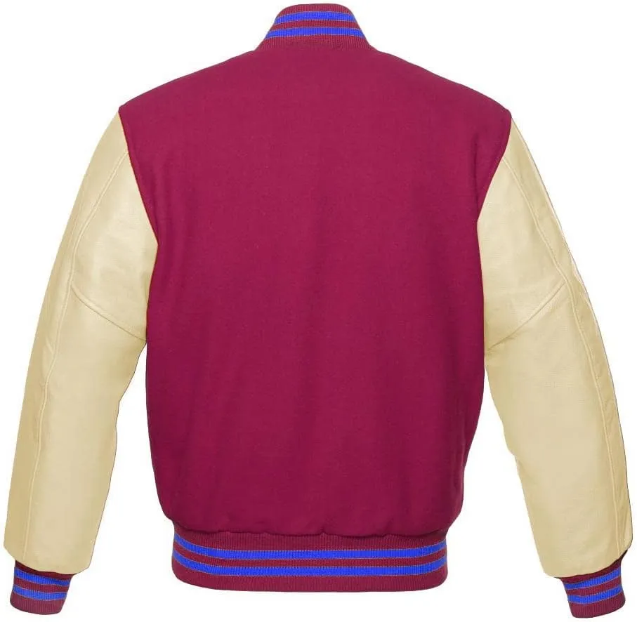 Varsity Jacket Baseball Letterman Bomber Wool & Light Cream Genuine leather Sleeves With Blue Stripe