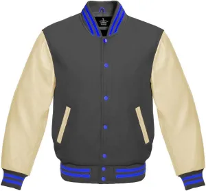 Varsity Jacket Baseball Letterman Bomber Wool & Light Cream Genuine leather Sleeves With Blue Stripe