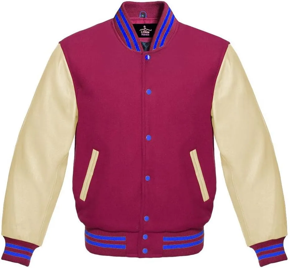 Varsity Jacket Baseball Letterman Bomber Wool & Light Cream Genuine leather Sleeves With Blue Stripe