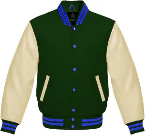 Varsity Jacket Baseball Letterman Bomber Wool & Light Cream Genuine leather Sleeves With Blue Stripe
