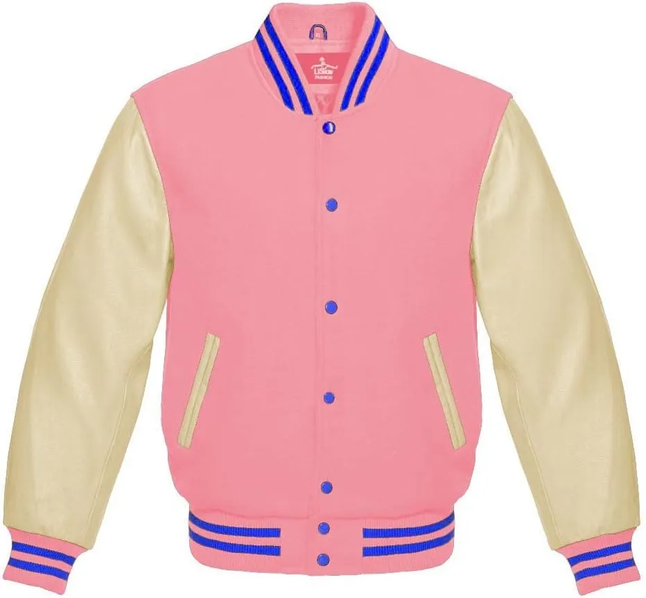 Varsity Jacket Baseball Letterman Bomber Wool & Light Cream Genuine leather Sleeves With Blue Stripe