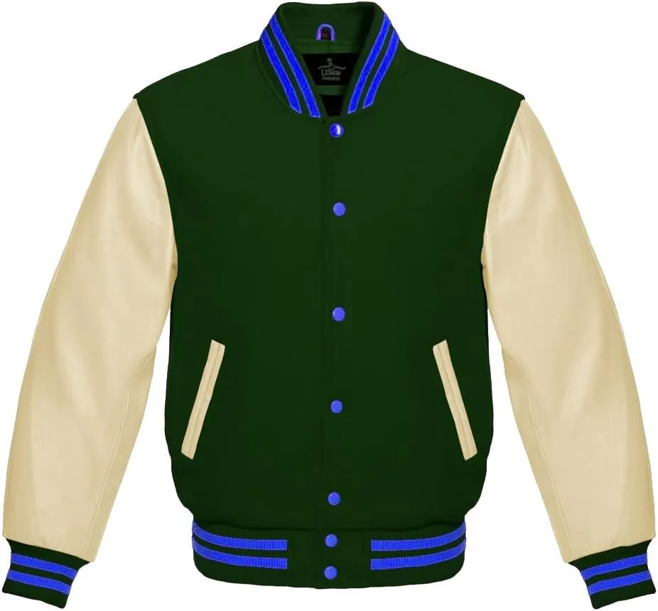 Varsity Jacket Baseball Letterman Bomber Wool & Light Cream Genuine leather Sleeves With Blue Stripe