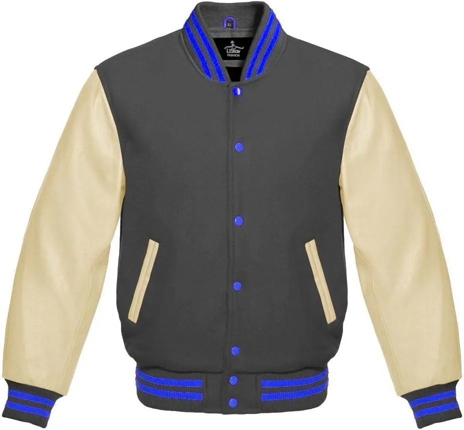 Varsity Jacket Baseball Letterman Bomber Wool & Light Cream Genuine leather Sleeves With Blue Stripe