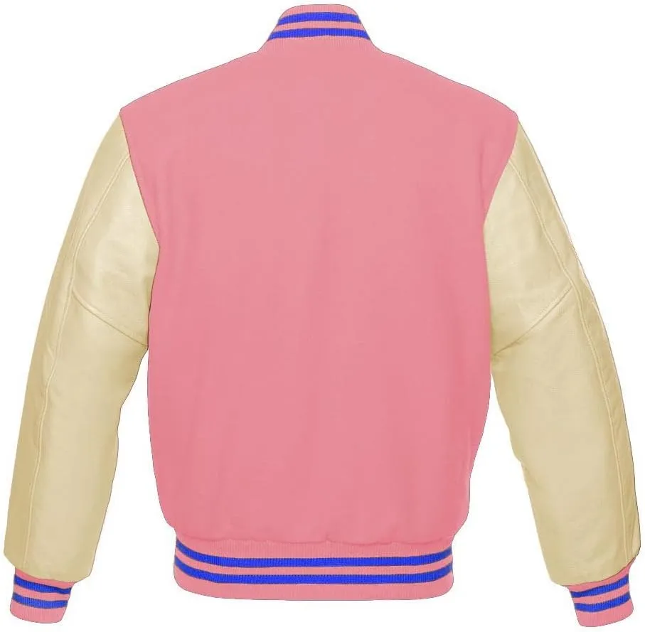 Varsity Jacket Baseball Letterman Bomber Wool & Light Cream Genuine leather Sleeves With Blue Stripe