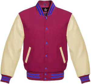 Varsity Jacket Baseball Letterman Bomber Wool & Light Cream Genuine leather Sleeves With Blue Stripe
