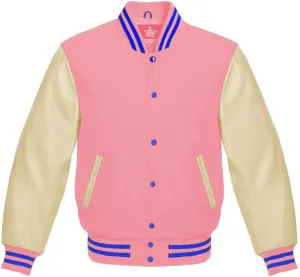 Varsity Jacket Baseball Letterman Bomber Wool & Light Cream Genuine leather Sleeves With Blue Stripe