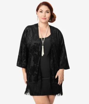 Vintage Style Black Devore Velvet Fringe Kimono