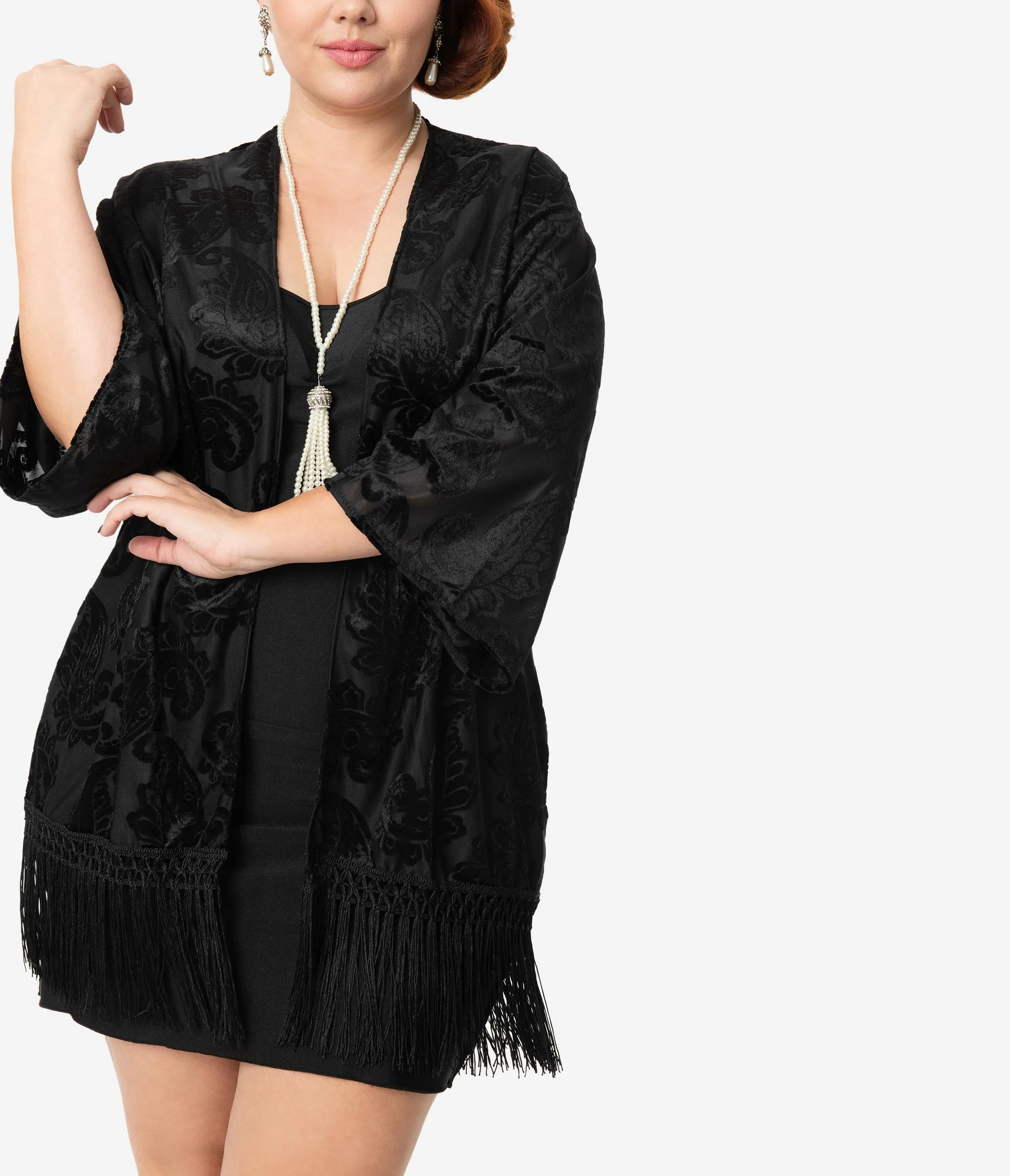 Vintage Style Black Devore Velvet Fringe Kimono