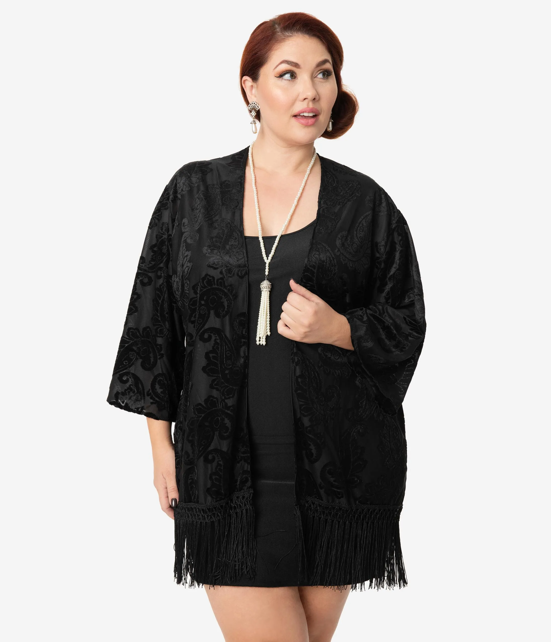 Vintage Style Black Devore Velvet Fringe Kimono