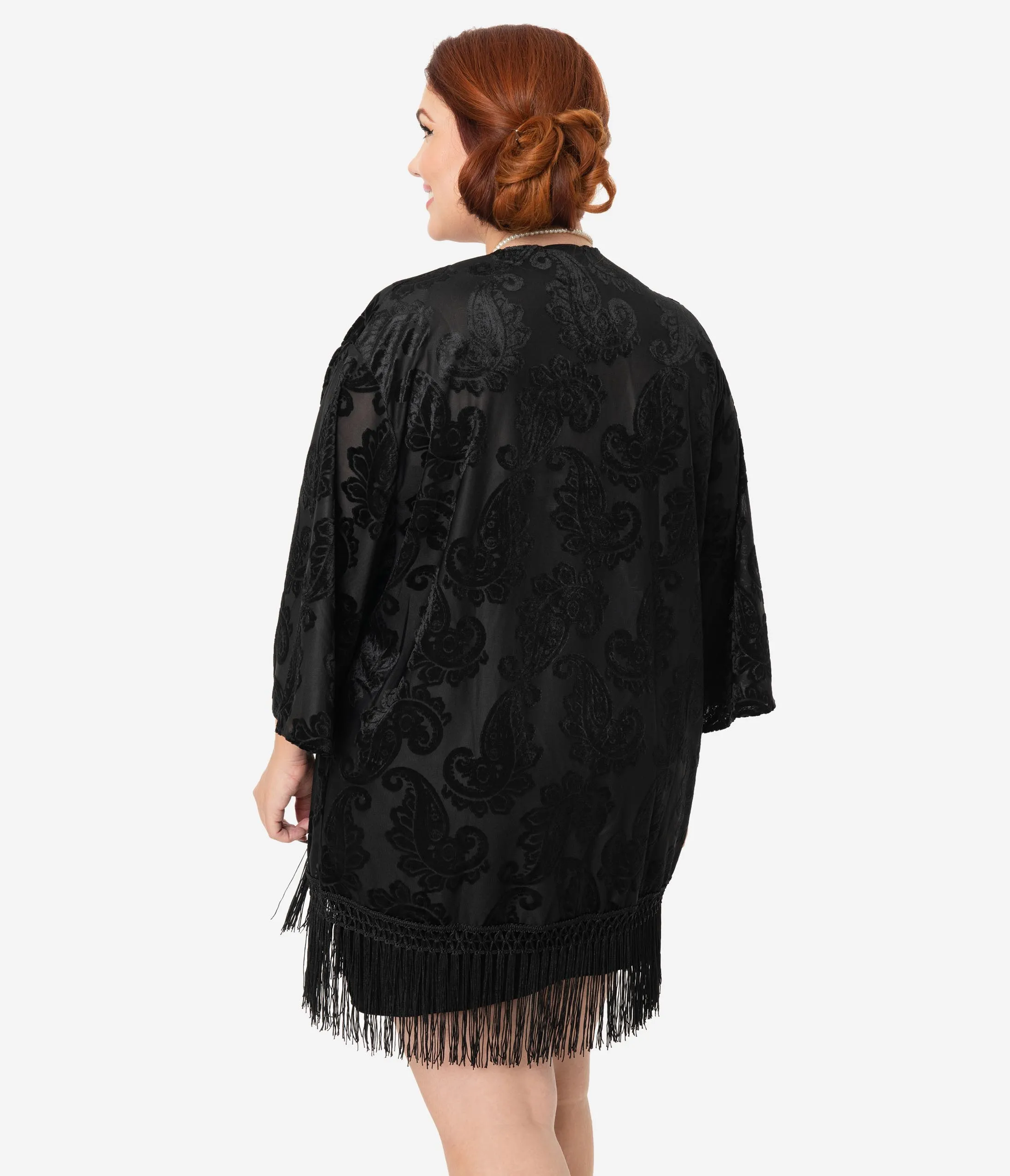 Vintage Style Black Devore Velvet Fringe Kimono