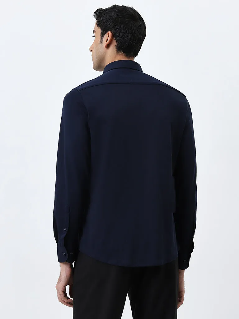 WES Formals Navy Slim-Fit Cotton-Blend Shirt