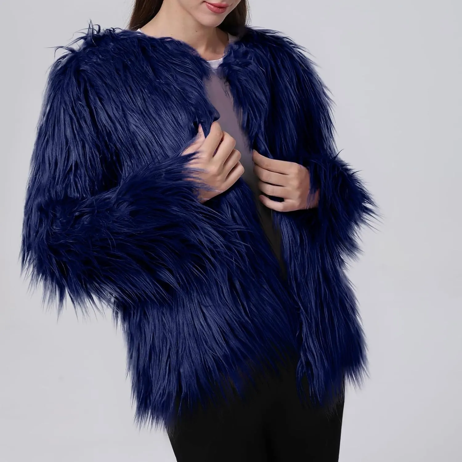 Winter Fuzzy Coats for Women Open Front Faux Fur Fluffy Soft Cardigan Long Sleeve Outwear Vintage Parka Shaggy Jacket