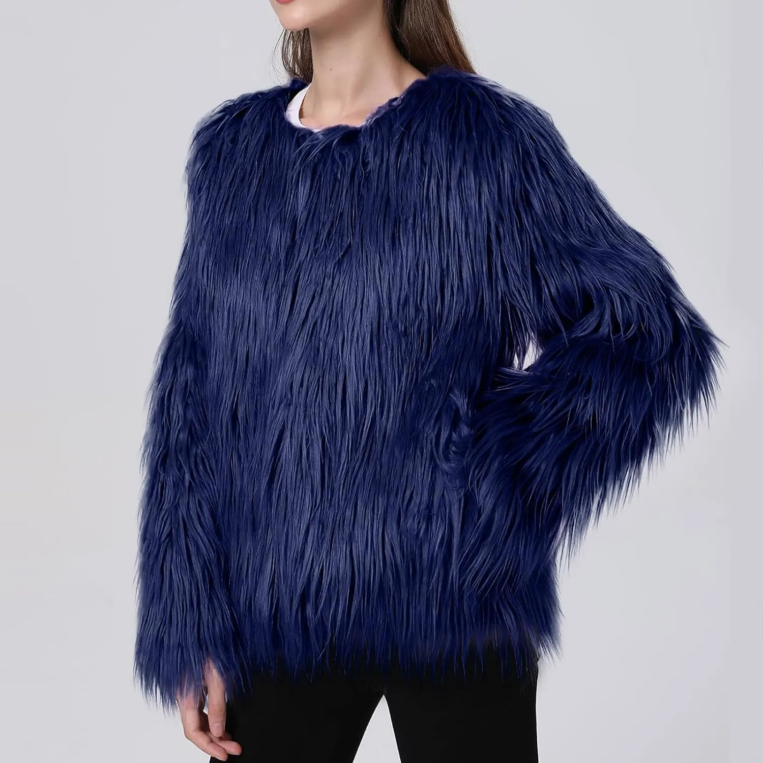 Winter Fuzzy Coats for Women Open Front Faux Fur Fluffy Soft Cardigan Long Sleeve Outwear Vintage Parka Shaggy Jacket
