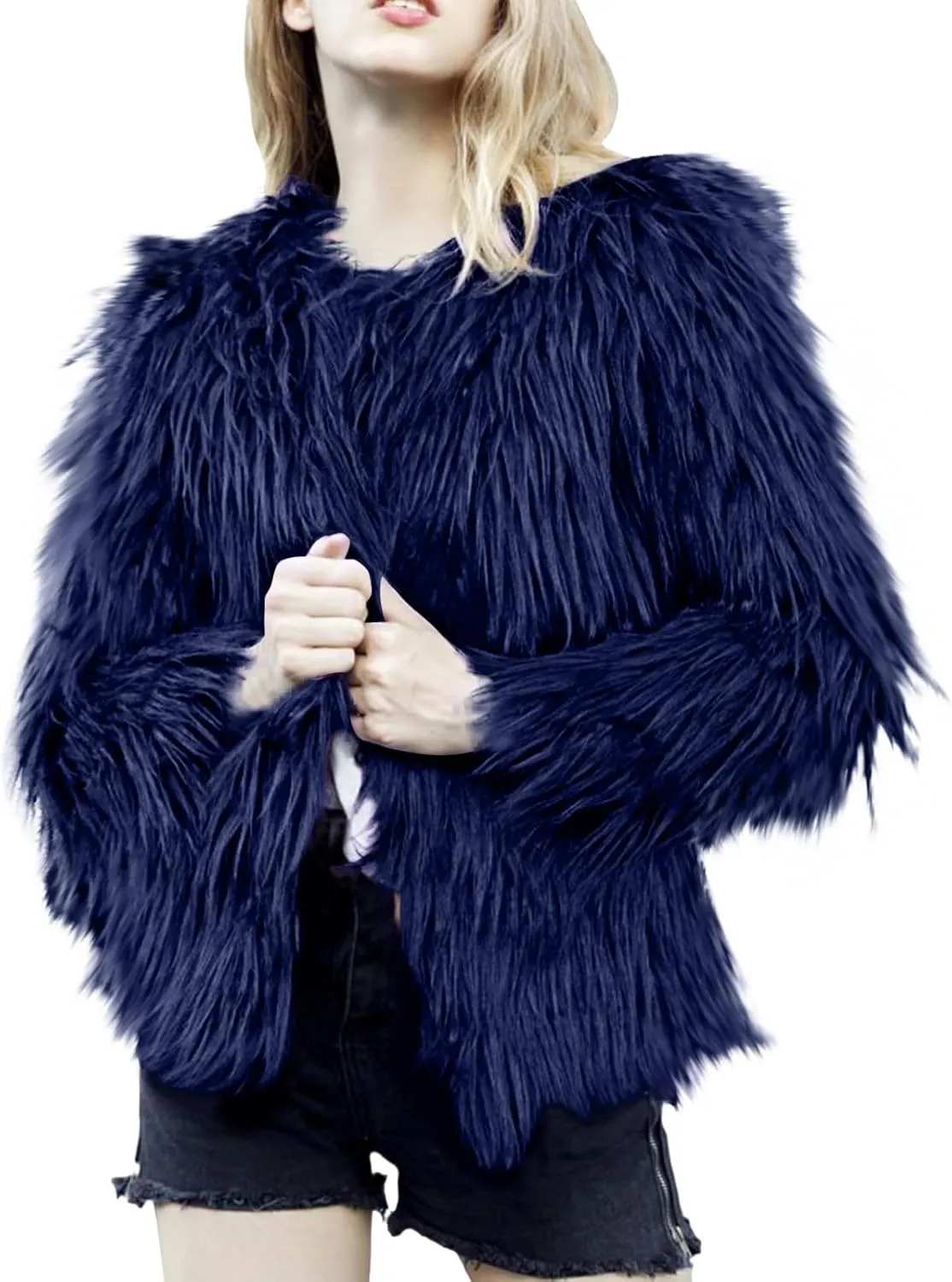 Winter Fuzzy Coats for Women Open Front Faux Fur Fluffy Soft Cardigan Long Sleeve Outwear Vintage Parka Shaggy Jacket