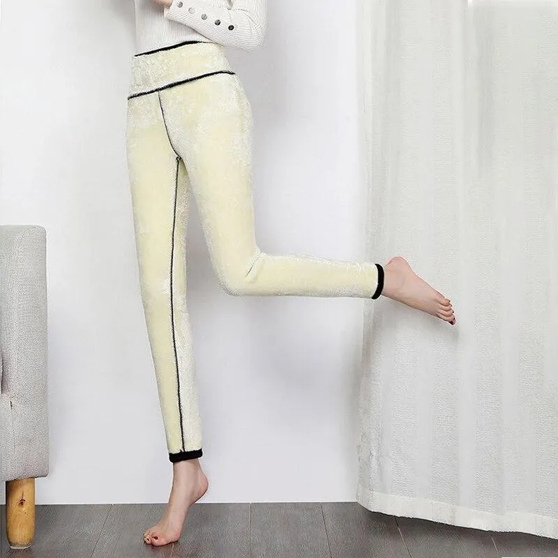 Women Winter Warm Casual High Waist Patchwork Super Stretch Velvet Leggings