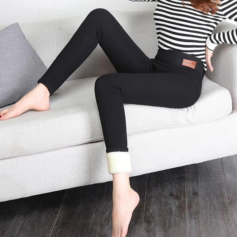 Women Winter Warm Casual High Waist Patchwork Super Stretch Velvet Leggings