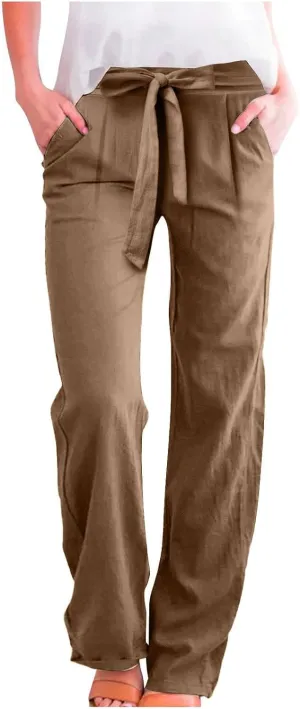 Womens Cotton Linen Vintage Belted Wide Leg Pants Casual Loose Elastic Drawstring Comfy Palazzo Trousers with Pockets