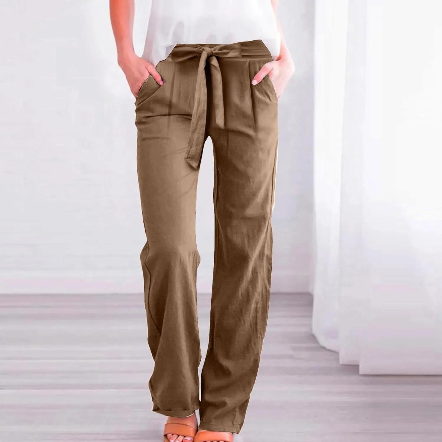 Womens Cotton Linen Vintage Belted Wide Leg Pants Casual Loose Elastic Drawstring Comfy Palazzo Trousers with Pockets