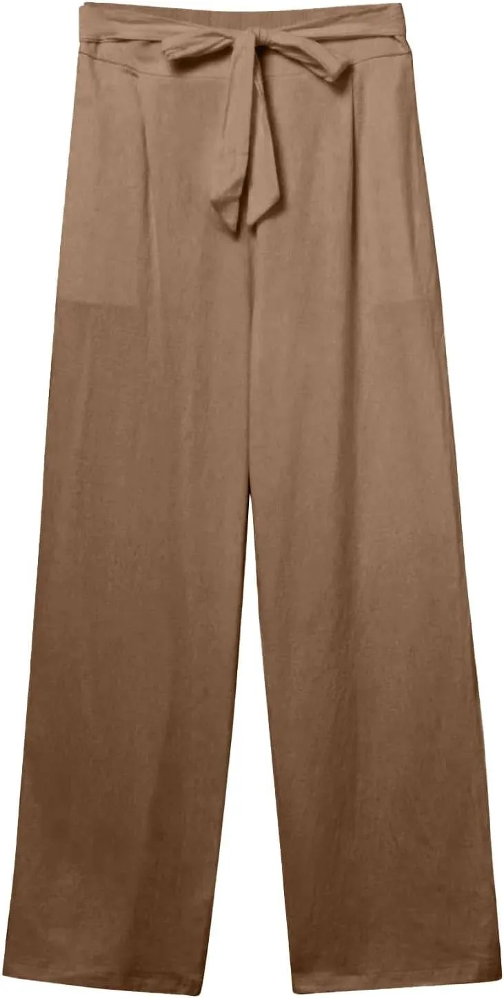 Womens Cotton Linen Vintage Belted Wide Leg Pants Casual Loose Elastic Drawstring Comfy Palazzo Trousers with Pockets