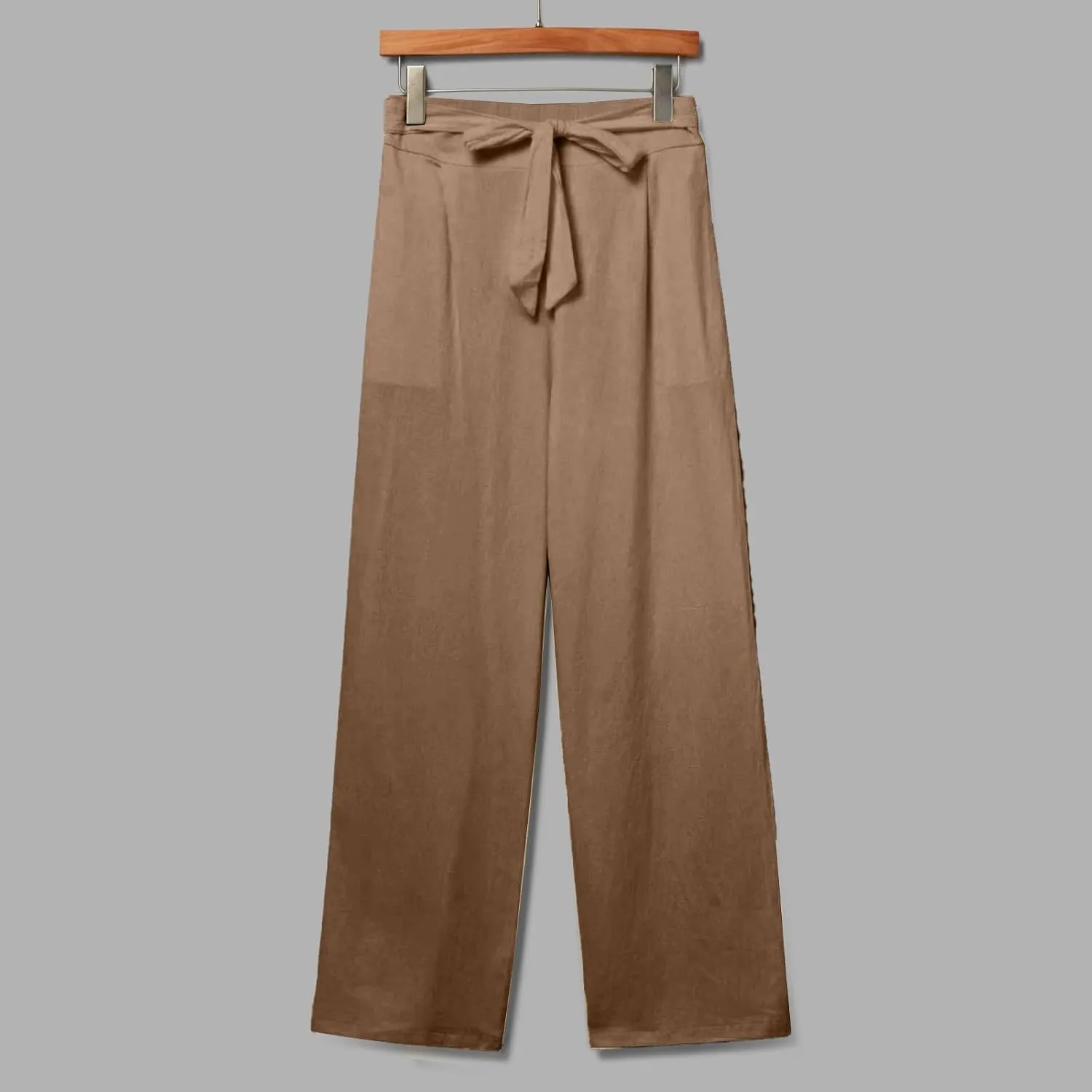 Womens Cotton Linen Vintage Belted Wide Leg Pants Casual Loose Elastic Drawstring Comfy Palazzo Trousers with Pockets