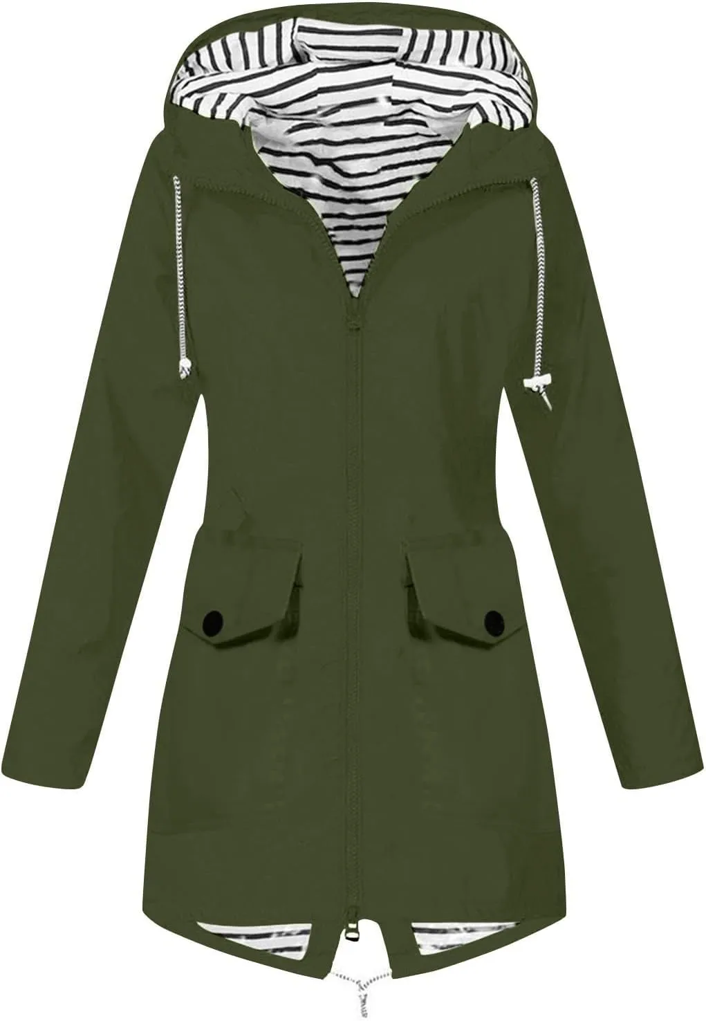 Women's Hooded Rain Jacket Lightweight Windbreaker with Drawstring Waist and Striped Light Rain Jacket Women