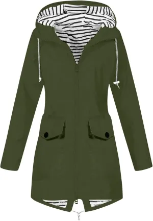 Women's Hooded Rain Jacket Lightweight Windbreaker with Drawstring Waist and Striped Light Rain Jacket Women